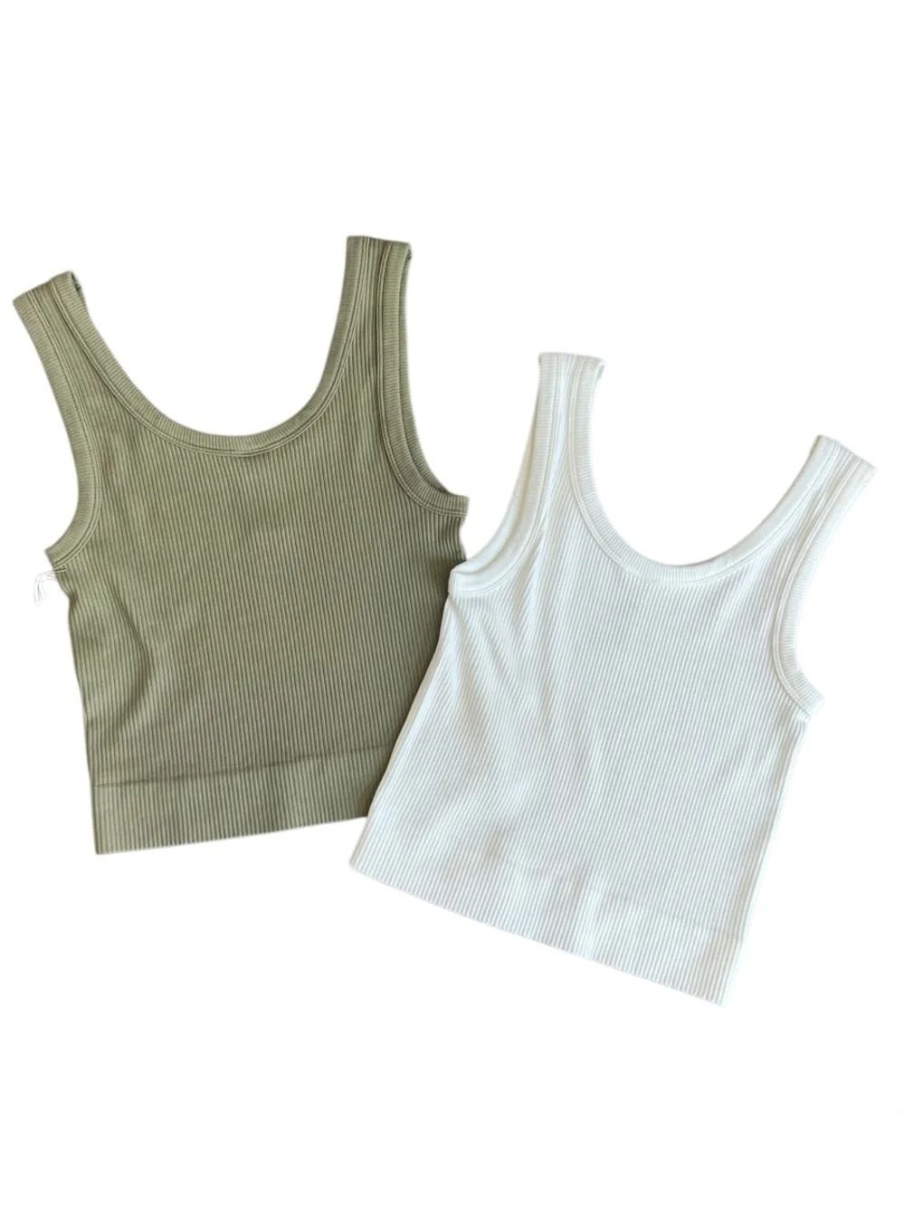 Tank Top Set Bundle Ribbed Cropped Green White Size S/M - Picture 5 of 13